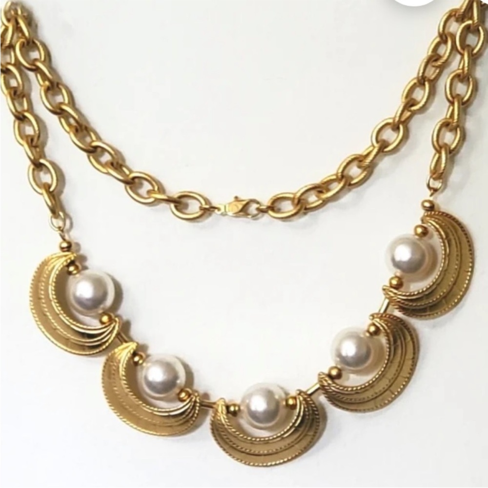 Women’s Vintage Etruscan Revival Pearl Gold Plated Link Chain Necklace